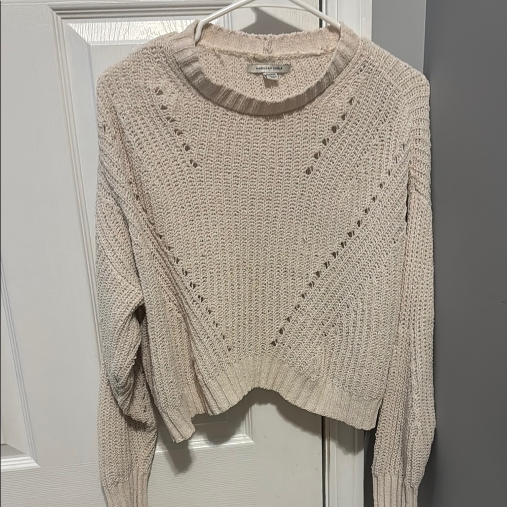 American Eagle Outfitters Cream Crew Neck Sweater with Ribbed Knit
